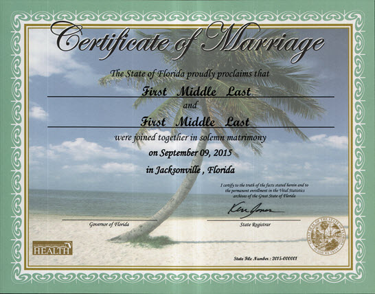 Commemorative Marriage Certificates Florida Department