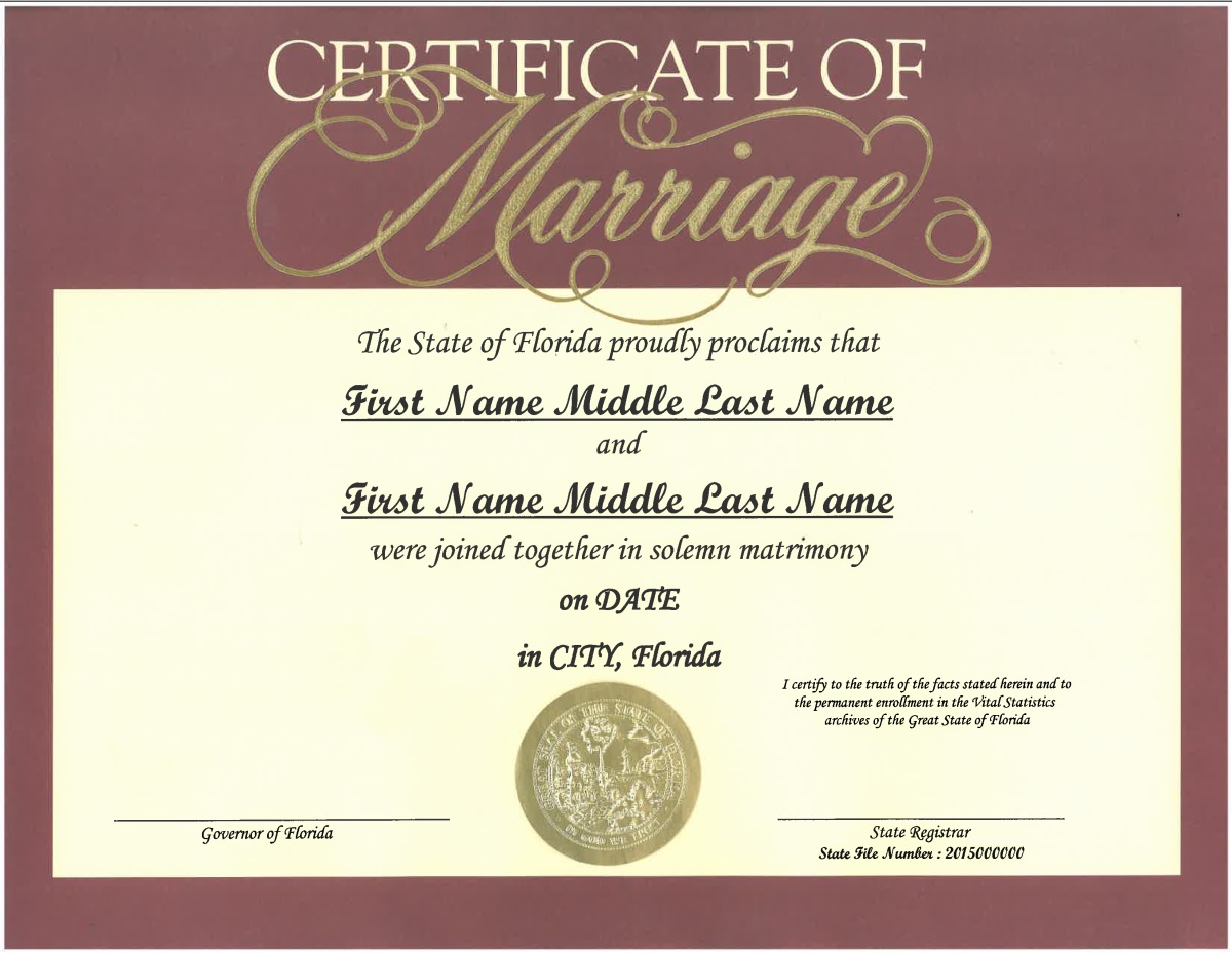 Commemorative Marriage Certificates Florida Department of Health