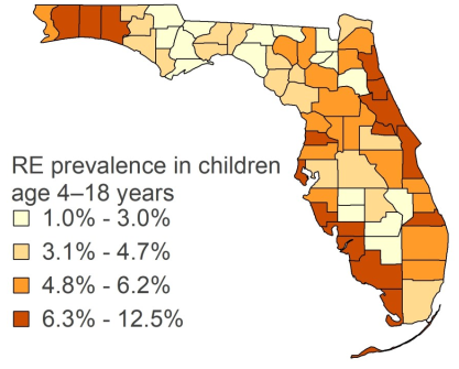 A map showing the proportion of children ages 4–18 years with religious exemptions by county as of February  29, 2024.   Counties with a proportion of 1.1%–3.0% are:   Gadsden Hardee Liberty Hendry Jackson Calhoun Hamilton Taylor DeSoto Bradford Glades Franklin Baker Putnam Union Madison Okeechobee  Counties with a proportion of 3.1%–4.7% are:   Dixie Wakulla Lafayette Levy Washington Leon Gilchrist Miami_Dade Jefferson Gulf Holmes Hillsborough Polk Highlands Bay Orange Nassau  Counties with a proportion of 4.8%–6.1% are:   Sumter Clay Lake Escambia Suwannee Duval Indian_River Alachua St_Lucie Marion Palm_Beach Columbia Broward Citrus Pasco Osceola Volusia  Counties with a proportion of 6.2%–12.5% are:  Manatee Seminole Lee Brevard Santa_Rosa Hernando Pinellas Charlotte Collier Martin Monroe Okaloosa St_Johns Flagler Walton Sarasota