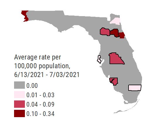 A map that shows the cumulative Hepatitis A rates per 100,000 population from January 1, 2018 through August 8, 2020 Counties with one or more cases reported in week 32 are: Duval, Escambia, Jefferson, Osceola, Pasco, Santa Rosa Counties with a rate of .01 - 15.4 per 100,000 population are: Miami-Dade, Broward, Collier, Monroe, Madison, Bay, Leon, Putnam, Palm Beach, Hardee, Hendry, Franklin, Walton, Jackson, Alachua, Highlands, Okaloosa, Escambia, Washington, Jefferson, Hamilton, Flagler, DeSoto Counties with a rate of 15.5 - 42.5 per 100,000 population are: Wakulla, Clay, Polk, Osceola, Seminole, Lee, Hillsborough, Calhoun, Orange, St. Johns, Taylor, Glades, Levy, Union, Indian River, St. Lucie, Suwannee, Duval, Gilchrist, Nassau, Santa Rosa, Sumter, Sarasota, Martin, Charlotte, Brevard, Manatee, Dixie, Columbia Counties with a rate of 42.6 - 94.3 per 100,000 population are: Marion, Lake, Pinellas, Liberty, Hernando, Volusia, Okeechobee, Citrus, Pasco.