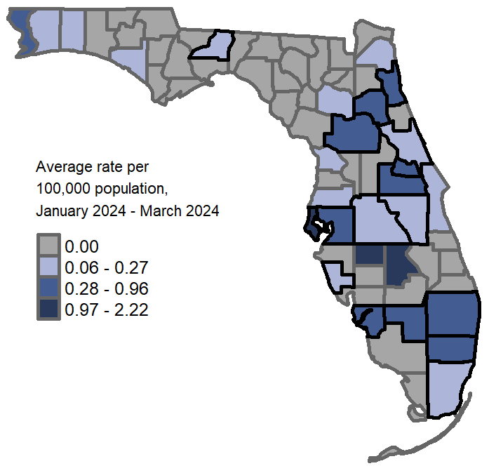 A map showing the previous 3-month average varicella rates per 100,000 population. Counties with one or more cases reported in February are  Alachua Brevard Broward Citrus Miami-Dade Escambia Hardee Highlands Hillsborough Lee Leon Marion Nassau Okaloosa Orange Palm Beach Pasco Pinellas Polk St. Johns St. Lucie Seminole Volusia  Counties with a rate of 0.07-0.18 per 100,000 population are: Sarasota Osceola Manatee Miami-Dade St. Lucie Duval St. Johns Leon Alachua Volusia Polk Orange Broward Seminole Brevard Pasco Santa Rosa Counties with a rate of 0.19-0.58 per 100,000 population are: Bay Citrus Palm Beach Okaloosa Hillsborough Nassau Lee Escambia Counties with a rate of 0.59-1.32 per 100,000 population are: Marion Pinellas Highlands Hardee
