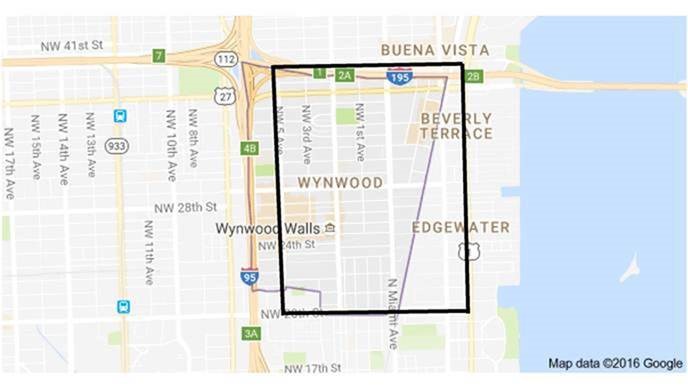 map - boundaries of the following area: NW 5th Avenue to the west, US 1 to the east, NW/NE 38th Street to the north and NW/NE 20th Street to the south