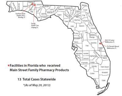 Map of facilities in Florida who received Main Street Family Pharmacy Products. 12 Total Cases Statewide as of May 29, 2013