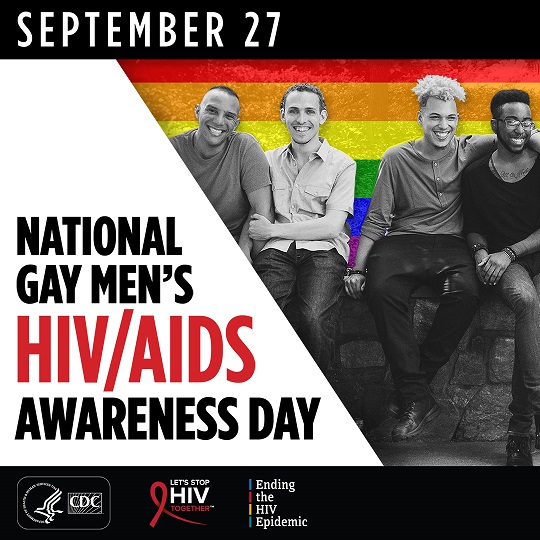 Two sets of young couples sitting beside each other in front of a wall painted with rainbow stripes. Text around the image reads "September 27" and "National Gay Men's HIV/AIDS Awareness Day."