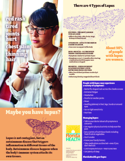 Maybe you have lupus? Infographic. Picture of a woman holding a cup of coffee with text: "red rash, tired, joints hurt, chest pain, thinning hair - Maybe you have lupus?