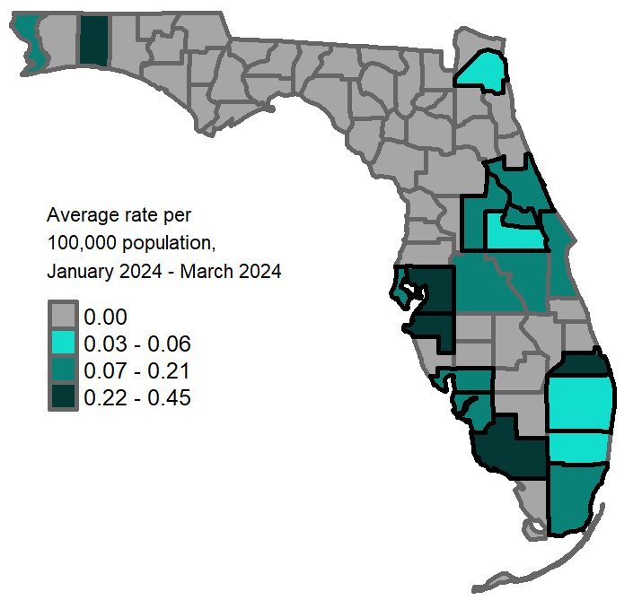 A map showing the previous 3-month average pertussis rates per 100,000 population. Counties with one or more cases reported in February  are  Brevard Broward Collier Miami-Dade Hillsborough Manatee Okaloosa Osceola Pinellas Polk    Counties with a rate of 0.03-0.05 per 100,000 population are:  Broward Pinellas Counties with a rate of 0.06-0.17 per 100,000 population are:  Miami-Dade Polk Escambia Brevard Osceola Manatee Counties with a rate of 0.18-0.45 per 100,000 population are: Hillsborough Collier Okaloosa