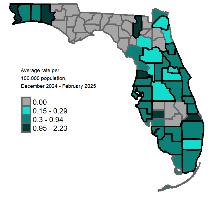 A map showing the previous 3-month average pertussis rates per 100,000 population. Counties with one or more cases reported in February  are  Brevard Broward Collier Miami-Dade Hillsborough Manatee Okaloosa Osceola Pinellas Polk    Counties with a rate of 0.03-0.05 per 100,000 population are:  Broward Pinellas Counties with a rate of 0.06-0.17 per 100,000 population are:  Miami-Dade Polk Escambia Brevard Osceola Manatee Counties with a rate of 0.18-0.45 per 100,000 population are: Hillsborough Collier Okaloosa