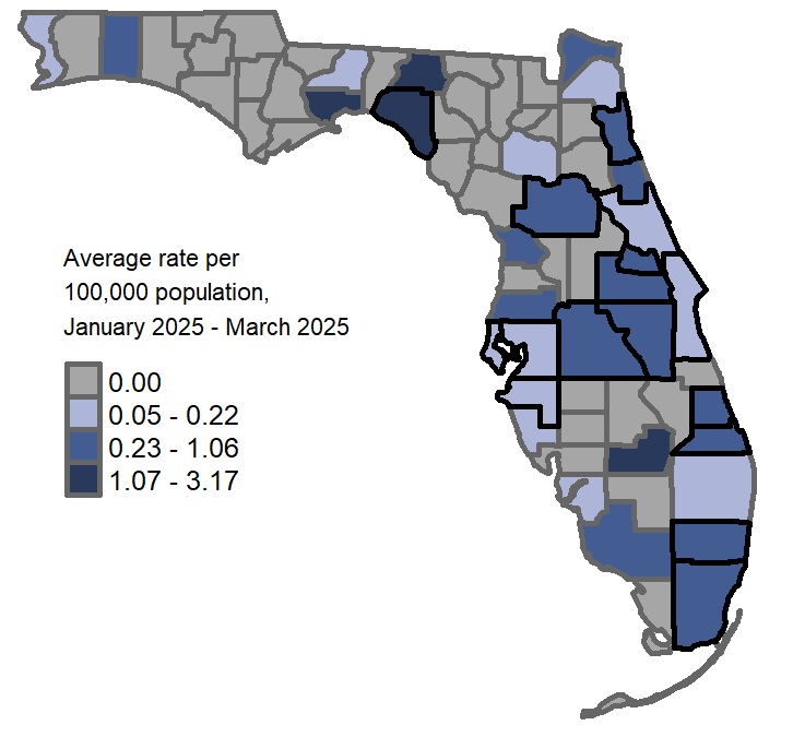 A map showing the previous 3-month average varicella rates per 100,000 population. Counties with one or more cases reported in February are  Alachua Brevard Broward Citrus Miami-Dade Escambia Hardee Highlands Hillsborough Lee Leon Marion Nassau Okaloosa Orange Palm Beach Pasco Pinellas Polk St. Johns St. Lucie Seminole Volusia  Counties with a rate of 0.07-0.18 per 100,000 population are: Sarasota Osceola Manatee Miami-Dade St. Lucie Duval St. Johns Leon Alachua Volusia Polk Orange Broward Seminole Brevard Pasco Santa Rosa Counties with a rate of 0.19-0.58 per 100,000 population are: Bay Citrus Palm Beach Okaloosa Hillsborough Nassau Lee Escambia Counties with a rate of 0.59-1.32 per 100,000 population are: Marion Pinellas Highlands Hardee