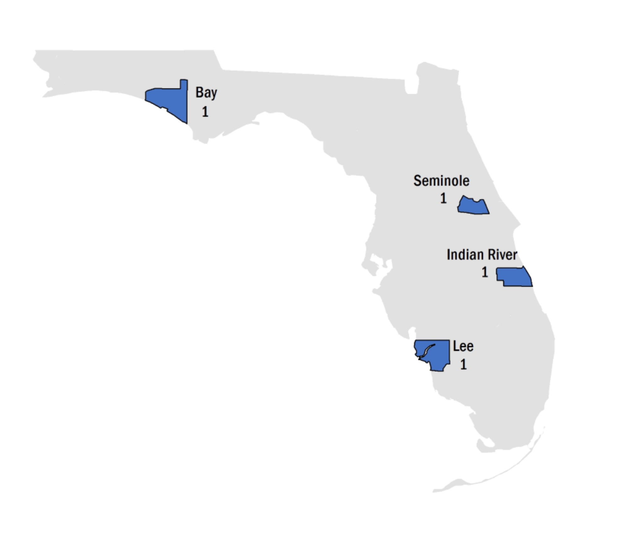 This map shows that the 4 emergency department visits from last week (starting November 11) occurred in 4 counties, including Bay (1), Seminole (1), Indian River (1), and Lee (1).