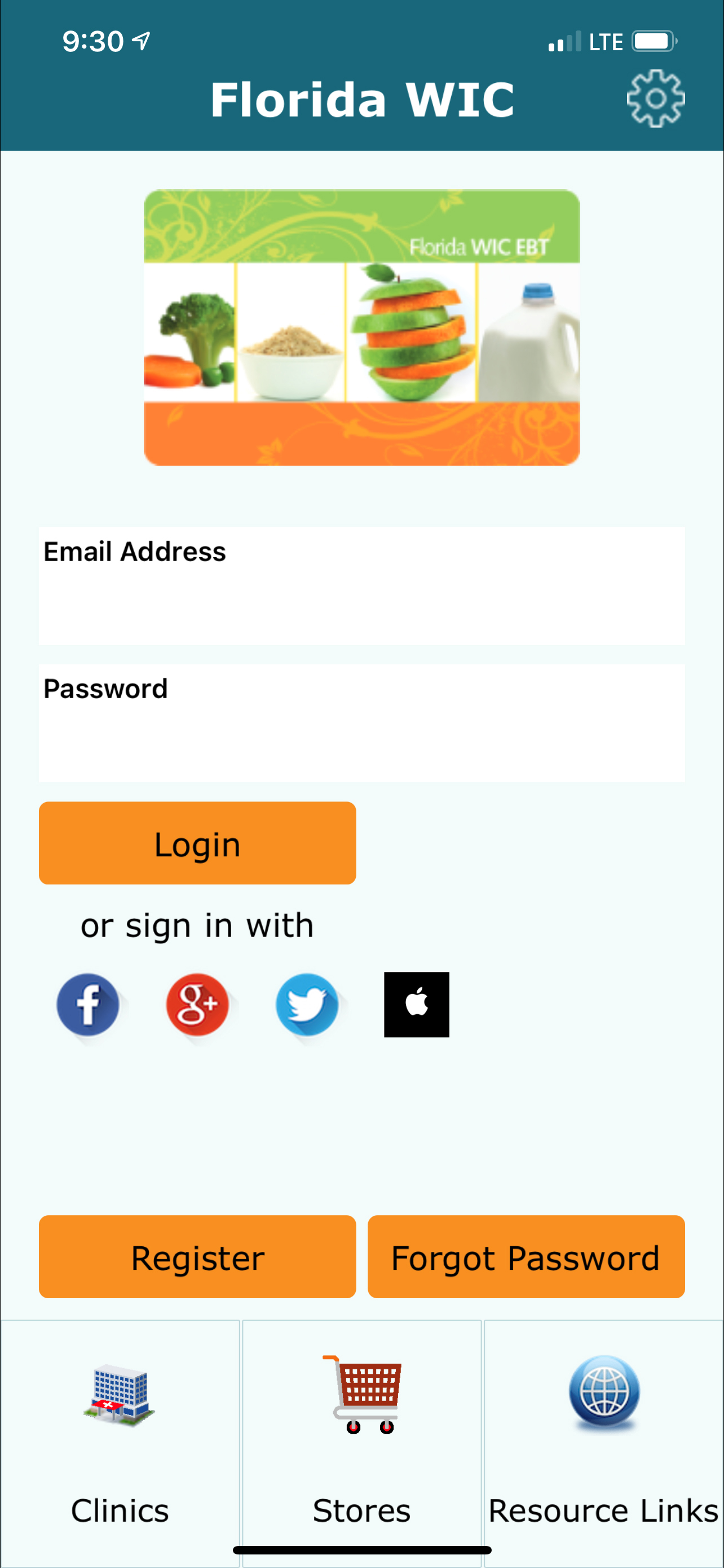 Florida WIC Mobile App registration screen