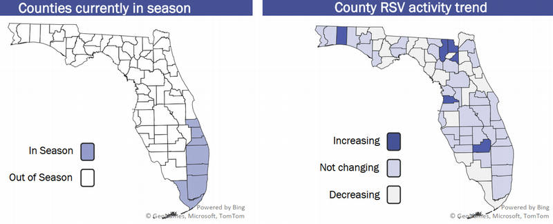 County RSV activity: Increasing: BRADFORD, CALHOUN, GLADES, PUTNAM, WALTON Decreasing: ALACHUA, BAKER, BAY, BREVARD, CITRUS, CLAY, COLLIER, COLUMBIA, DESOTO, DUVAL, ESCAMBIA, FLAGLER, FRANKLIN, GADSDEN, GILCHRIST, GULF, HAMILTON, HENDRY, HERNANDO, HIGHLANDS, HILLSBOROUGH, HOLMES, INDIAN RIVER, JACKSON, JEFFERSON, LAFAYETTE, LEE, LEON, LEVY, LIBERTY, MADISON, MANATEE, MARION, MONROE, NASSAU, OKALOOSA, OKEECHOBEE, ORANGE, PALM BEACH, PASCO, PINELLAS, POLK, SARASOTA, SEMINOLE, ST LUCIE, SUMTER, SUWANNEE, UNION, VOLUSIA, WAKULLA, WASHINGTON No change: BROWARD, CHARLOTTE, DIXIE, HARDEE, LAKE, MARTIN, MIAMI-DADE, OSCEOLA, SANTA ROSA, ST JOHNS, TAYLOR