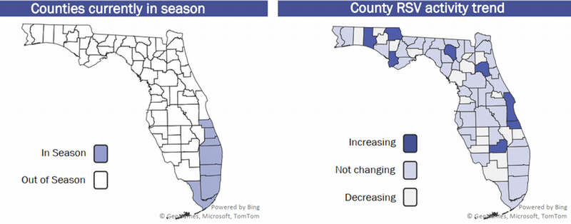 County RSV activity: Increasing: BRADFORD, CALHOUN, GLADES, PUTNAM, WALTON  Decreasing: ALACHUA, BAKER, BAY, BREVARD, CITRUS, CLAY, COLLIER, COLUMBIA, DESOTO, DUVAL, ESCAMBIA, FLAGLER, FRANKLIN, GADSDEN, GILCHRIST, GULF, HAMILTON, HENDRY, HERNANDO, HIGHLANDS, HILLSBOROUGH, HOLMES, INDIAN RIVER, JACKSON, JEFFERSON, LAFAYETTE, LEE, LEON, LEVY, LIBERTY, MADISON, MANATEE, MARION, MONROE, NASSAU, OKALOOSA, OKEECHOBEE, ORANGE, PALM BEACH, PASCO, PINELLAS, POLK, SARASOTA, SEMINOLE, ST LUCIE, SUMTER, SUWANNEE, UNION, VOLUSIA, WAKULLA, WASHINGTON  No change: BROWARD, CHARLOTTE, DIXIE, HARDEE, LAKE, MARTIN, MIAMI-DADE, OSCEOLA, SANTA ROSA, ST JOHNS, TAYLOR