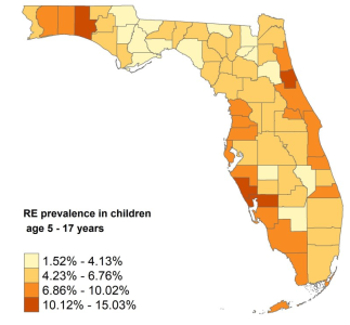 A map showing the proportion of children ages 5–17 years with religious exemptions by county as of April 30, 2025.   Counties with a proportion of 1.52%–4.13% are:   Baker Bradford Calhoun Franklin Gadsden Hamilton Hardee Hendry Jackson Liberty Okeechobee Putnam Taylor Union Wakulla  Counties with a proportion of 4.23%–6.76% are:   Alachua Bay Broward Clay Columbia DeSoto Dixie Duval Escambia Gilchrist Glades Gulf Highlands Hillsborough Holmes Jefferson Lafayette Lake Leon Levy Madison Marion Miami-Dade Nassau Orange Osceola Palm Beach Polk St. Lucie Sumter Suwannee Washington  Counties with a proportion of 6.86%–10.02% are:   Brevard Citrus Collier Hernando Indian River Lee Manatee Martin Monroe Okaloosa Pasco Pinellas Santa Rosa Seminole Volusia  Counties with a proportion of 10.12%–15.03% are:  Charlotte Flagler Sarasota St. Johns Walton