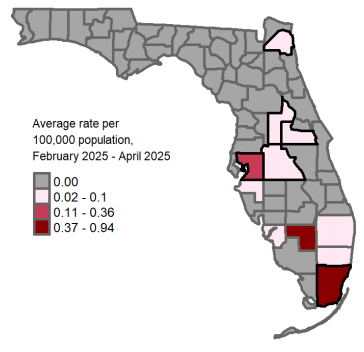 A map showing the previous 3-month average hepatitis A rates per 100,000 population. Counties with one or more cases reported in April are: Miami-Dade Duval Hillsborough Lake Orange Polk Counties with a rate of 0.02-0.1 per 100,000 population are: Broward Polk Palm Beach Duval Orange Manatee Lake Lee Counties with a rate of 0.11-0.36 per 100,000 population are: Hillsborough Counties with a rate of 0.37-0.94 per 100,000 population are: Miami-Dade Hendry