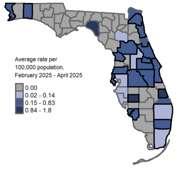 A map showing the previous 3-month average varicella rates per 100,000 population. Counties with one or more cases reported in April are:  Brevard Broward Citrus Miami-Dade DeSoto Duval Escambia Lake Lee Marion Okaloosa Orange Osceola Palm Beach Pasco Pinellas Polk St. Johns St. Lucie Seminole Volusia  Counties with a rate of 0.02-0.14 per 100,000 population are:    Palm Beach Sarasota Manatee Lake Hillsborough Miami-Dade Alachua  Counties with a rate of 0.15-0.83 per 100,000 population are:   Duval Lee Escambia Martin Pinellas Flagler Orange Volusia Okaloosa St. Johns Brevard Pasco Marion Nassau Polk Broward Citrus Osceola Seminole  Counties with a rate of 0.84-1.8 per 100,000 population are:   St. Lucie DeSoto Taylor