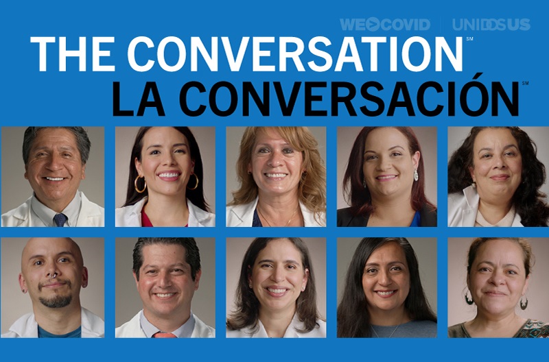 photos of Latinx doctors and nurses with the words "the conversation/la conversacion"