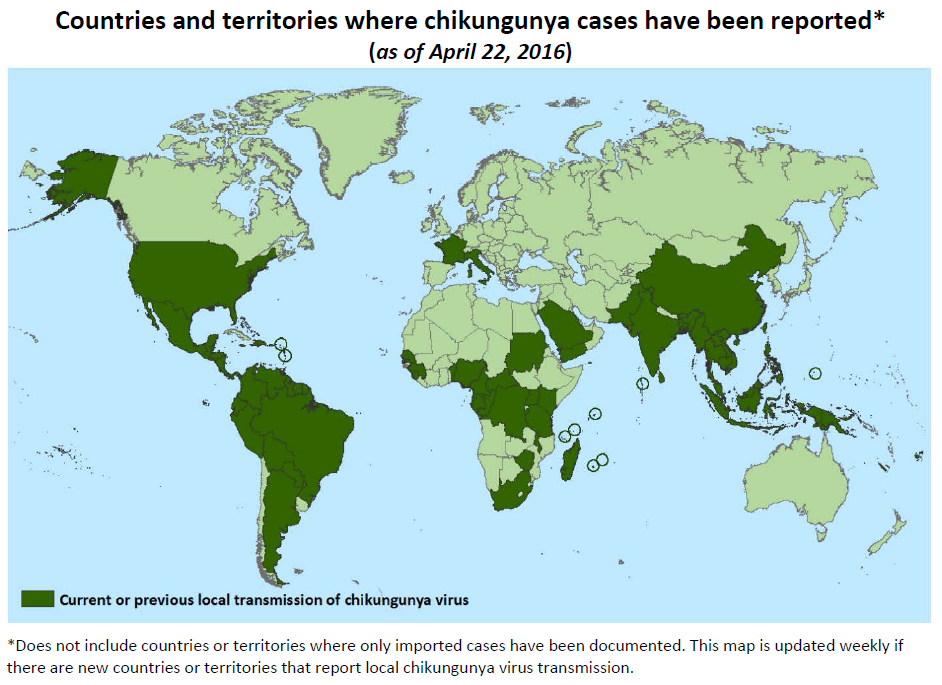 CDC map displaying countries or territories that report local chikungunya virus transmission.