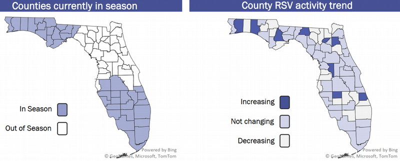 Counties currently in Season: Northwest, Southwest, Southeast  County RSV activity: Increasing: CITRUS, COLUMBIA, DIXIE, FLAGLER, HAMILTON, MONROE, NASSAU, OKEECHOBEE SANTA ROSA, TAYLOR, WAKULLA  Decreasing: ALACHUA, BAKER, BRADFORD, CALHOUN, CHARLOTTE, COLLIER, ESCAMBIA, FRANKLIN, GLADES, GULF, HARDEE, HENDRY, HERNANDO, HIGHLANDS, HOLMES, JACKSON, LEE, LEON, LEVY, MARTIN, OKALOOSA, PALM BEACH, PUTNAM, SARASOTA, SUWANNEE, WASHINGTON  No change: BAY, BREVARD, BROWARD, CLAY, DESOTO, DUVAL, GADSDEN, GILCHRIST, HILLSBOROUGH, INDIAN RIVER, JEFFERSON, LAFAYETTE, LAKE, LIBERTY, MADISON, MANATEE, MARION, MIAMI-DADE, ORANGE, OSCEOLA, PASCO, PINELLAS, POLK, SEMINOLE, ST JOHNS, ST LUCIE, SUMTER, UNION, VOLUSIA, WALTON