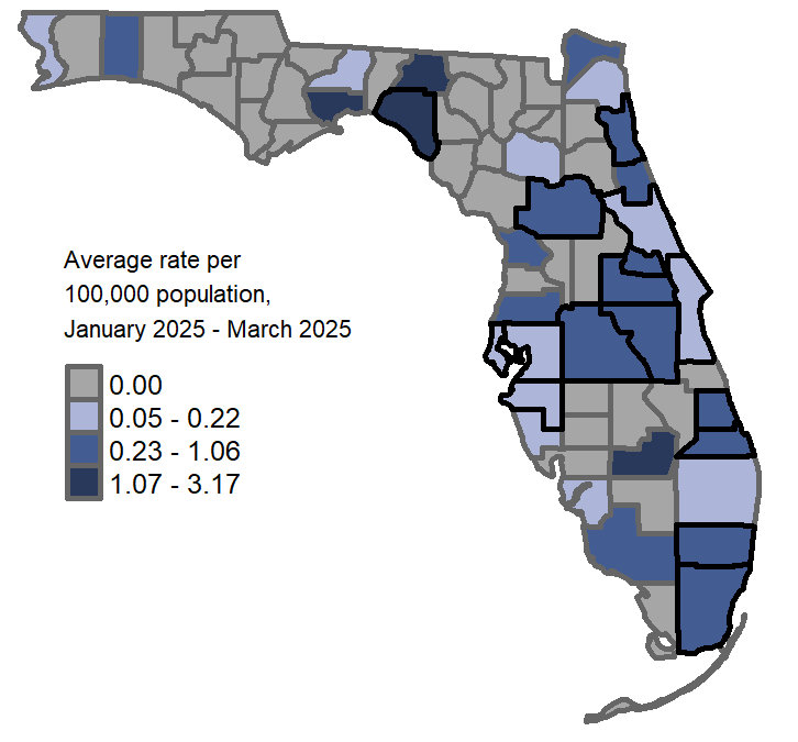 A map showing the previous 3-month average varicella rates per 100,000 population. Counties with one or more cases reported in March are: Brevard Broward Miami-Dade Hillsborough Manatee Marion Martin Orange Osceola Pinellas Polk St. Johns St. Lucie Seminole Taylor Volusia Counties with a rate of 0.05-0.22 per 100,000 population are: Miami-Dade Martin Citrus Marion Collier Flagler Orange Okaloosa St. Johns Pasco Nassau Broward Osceola Polk Seminole St. Lucie Counties with a rate of 0.23-1.06 per 100,000 population are: Nassau Wakulla Counties with a rate of 1.07-3.17 per 100,000 population are: Wakulla Taylor Madison Glades