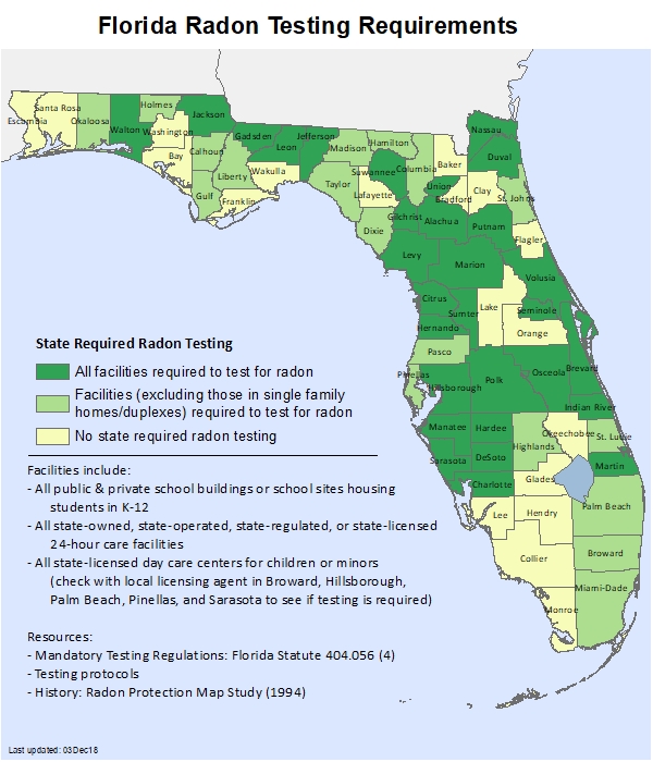 Map showing which buildings require radon testing in which counties in Florida. An accessible list is below.