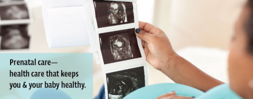 A pregnant women looking at pictures of an ultrasound.  Prenatal care-health care that keeps you and your baby healthy.