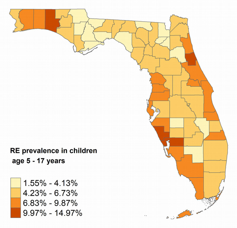A map showing the proportion of children ages 5–17 years with religious exemptions by county as of March 31, 2025. Counties with a proportion of 1.55%–4.13% are: Baker Bradford Calhoun Franklin Gadsden Hamilton Hardee Hendry Jackson Liberty Okeechobee Putnam Taylor Union Wakulla Counties with a proportion of 4.23%–6.73% are: Alachua Bay Broward Clay Columbia DeSoto Dixie Duval Escambia Gilchrist Glades Gulf Highlands Hillsborough Holmes Jefferson Lafayette Lake Leon Levy Madison Marion Miami-Dade Nassau Orange Osceola Palm Beach Polk St. Lucie Sumter Suwannee Washington Counties with a proportion of 6.83%–9.87% are: Brevard Citrus Collier Hernando Indian River Lee Manatee Martin Monroe Okaloosa Pasco Pinellas Santa Rosa Seminole Volusia Counties with a proportion of 9.97%–14.97% are: Charlotte Flagler Sarasota St. Johns Walton