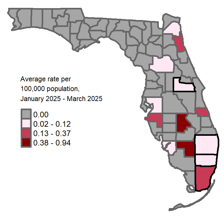 A map showing the previous 3-month average hepatitis A rates per 100,000 population. Counties with one or more cases reported in March are: Broward Miami-Dade Orange Palm Beach Counties with a rate of 0.02-0.12 per 100,000 population are: Broward Miami-Dade Duval Hendry Highlands Hillsborough Indian River Counties with a rate of 0.13-0.37 per 100,000 population are: Lee Manatee Marion Orange Counties with a rate of 0.38-0.94 per 100,000 population are: Palm Beach St. Johns