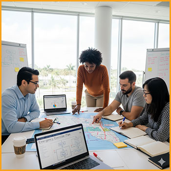People in a conference room discussing plans for an emergency activation