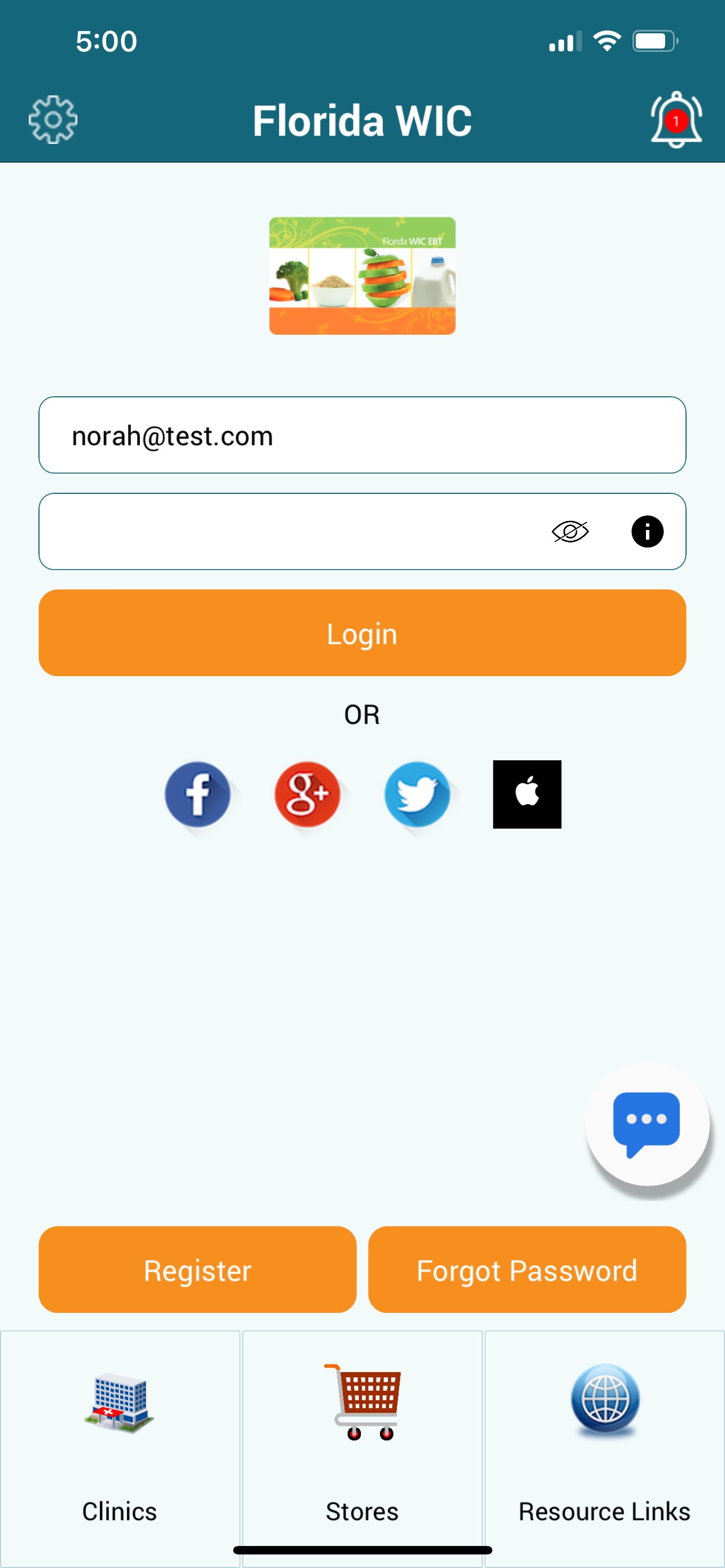 Florida WIC Mobile App login screen
