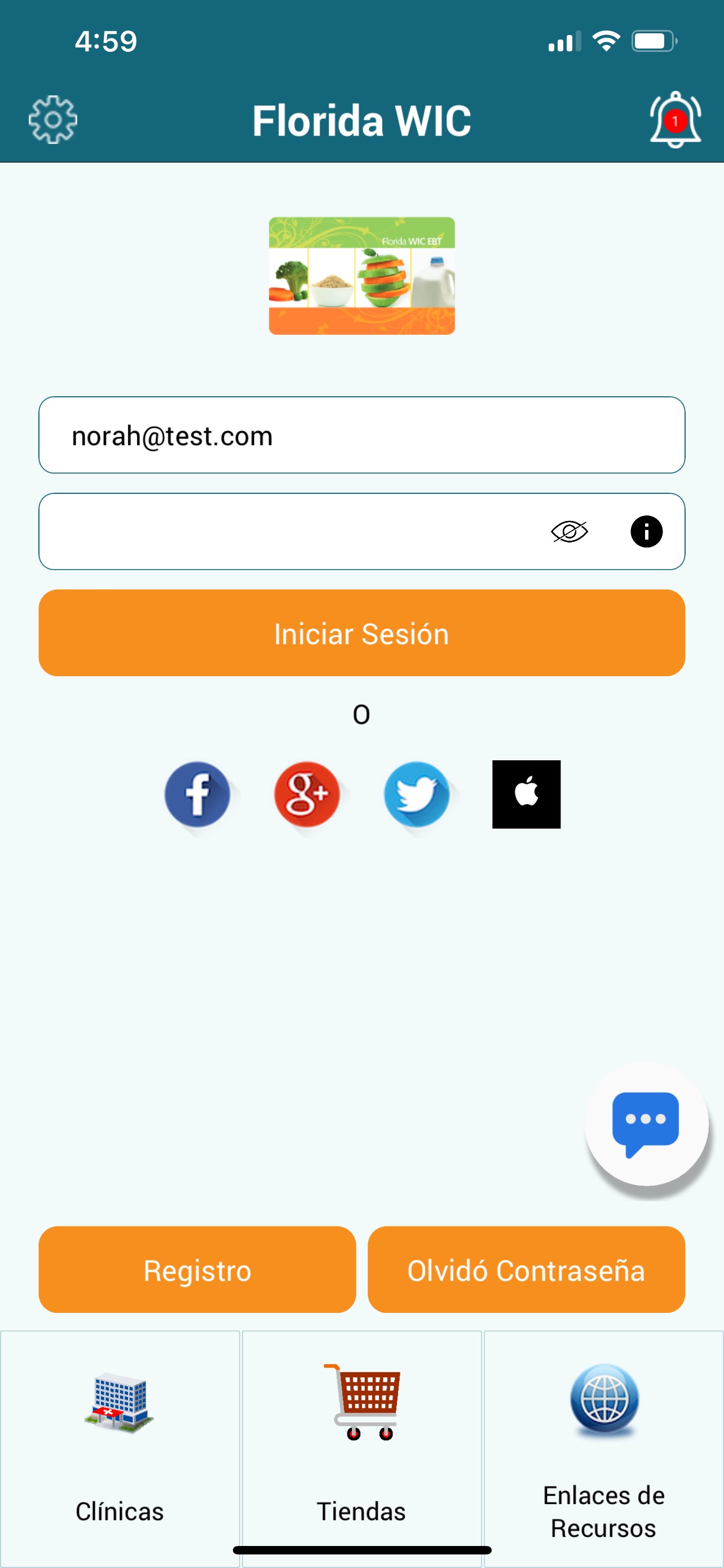 Florida WIC Mobile App login screen