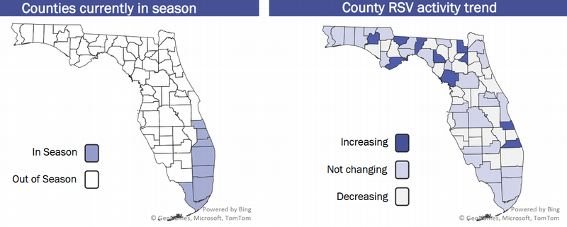 County RSV activity: Increasing: BRADFORD, CALHOUN, GLADES, PUTNAM, WALTON Decreasing: ALACHUA, BAKER, BAY, BREVARD, CITRUS, CLAY, COLLIER, COLUMBIA, DESOTO, DUVAL, ESCAMBIA, FLAGLER, FRANKLIN, GADSDEN, GILCHRIST, GULF, HAMILTON, HENDRY, HERNANDO, HIGHLANDS, HILLSBOROUGH, HOLMES, INDIAN RIVER, JACKSON, JEFFERSON, LAFAYETTE, LEE, LEON, LEVY, LIBERTY, MADISON, MANATEE, MARION, MONROE, NASSAU, OKALOOSA, OKEECHOBEE, ORANGE, PALM BEACH, PASCO, PINELLAS, POLK, SARASOTA, SEMINOLE, ST LUCIE, SUMTER, SUWANNEE, UNION, VOLUSIA, WAKULLA, WASHINGTON No change: BROWARD, CHARLOTTE, DIXIE, HARDEE, LAKE, MARTIN, MIAMI-DADE, OSCEOLA, SANTA ROSA, ST JOHNS, TAYLOR