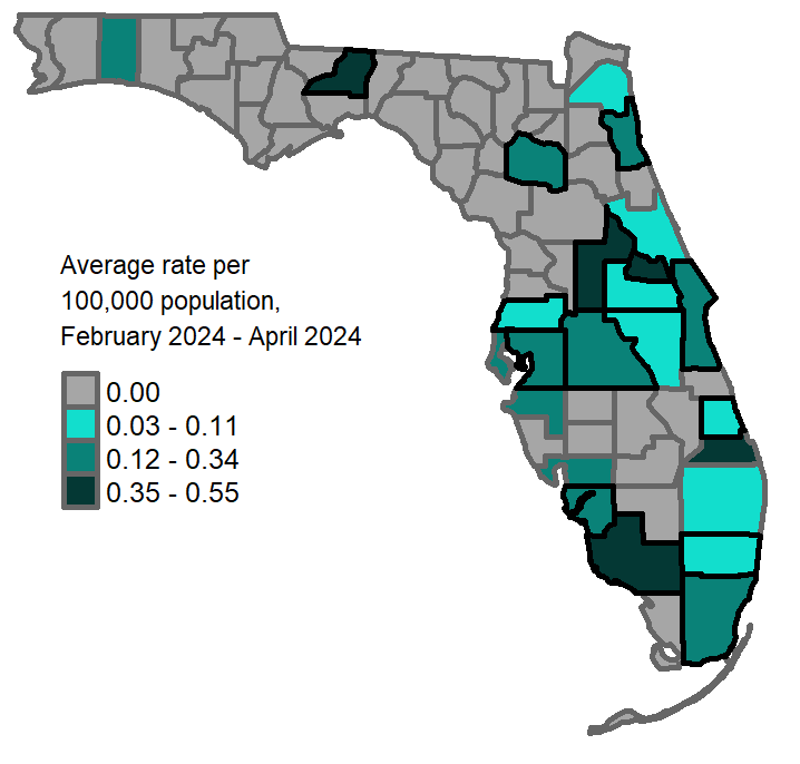 A map showing the previous 3-month average pertussis rates per 100,000 population. Counties with one or more cases reported in March  are  Brevard Broward Collier Miami-Dade Hillsborough Manatee Okaloosa Osceola Pinellas Polk  Counties with a rate of 0.03-0.05 per 100,000 population are: Broward Pinellas Counties with a rate of 0.06-0.17 per 100,000 population are:  Miami-Dade Polk Escambia Brevard Osceola Manatee Counties with a rate of 0.18-0.45 per 100,000 population are: Hillsborough Collier Okaloosa