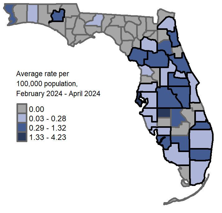 A map showing the previous 3-month average varicella rates per 100,000 population. Counties with one or more cases reported in March are:  Broward Miami-Dade Hendry Hillsborough Lee Leon Marion Orange Osceola Palm Beach Pinellas Polk Putnam St. Johns Sarasota Seminole Volusia  Counties with a rate of 0.06-0.27 per 100,000 population are:  Duval Miami-Dade Pasco Alachua Sarasota Osceola Okaloosa Brevard Santa Rosa Volusia Bay Citrus Polk Leon  Counties with a rate of 0.28-0.96 per 100,000 population are:  Seminole St. Johns Hillsborough Orange Palm Beach Putnam Broward Escambia Lee Marion Hendry  Counties with a rate of 0.97-2.22 per 100,000 population are: Highlands Hardee Pinellas