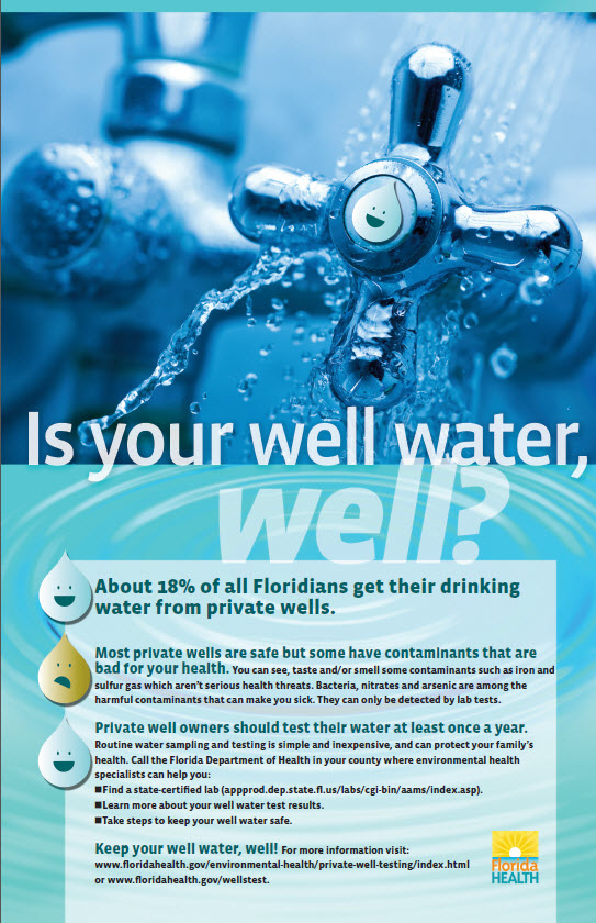 Well Water Poster that says "is your well water, well?", about 18% of Floridians get their drinking water from private wells. most private wells are safe but have some contaminates that are bad for your health, private well owners shold test their water at least once a year. bacteria, nitrates and arsenic are among harmful contaminants that can make you sick. find a state certified lab approved by DEP at approved.dep.state.fl.us/labs