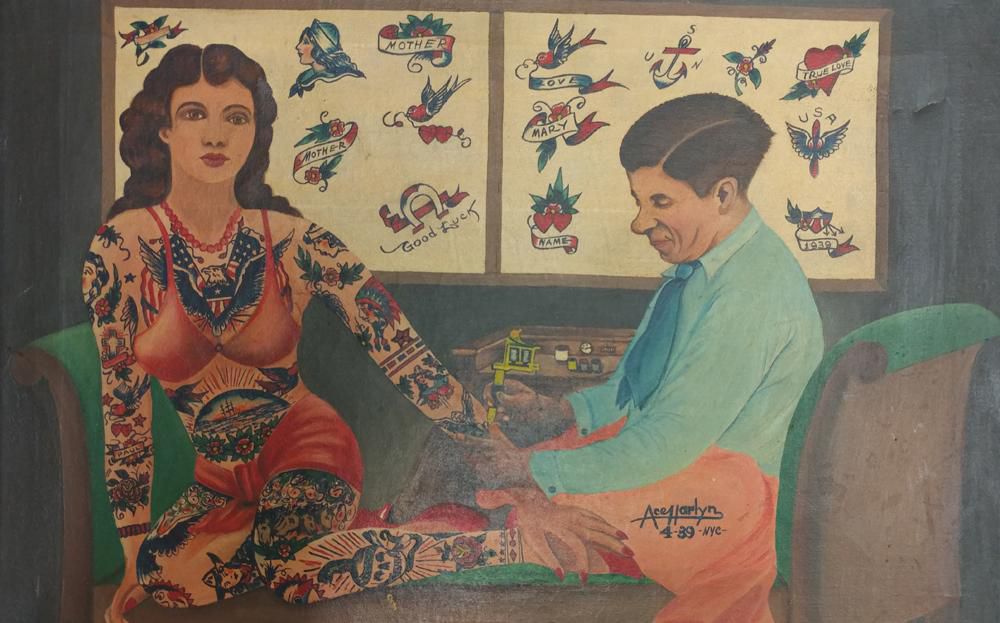 Painting of Tattoo Artist performing tattooing