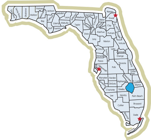 Map of Florida labeling all 67 counties indicating laboratory locations in Jacksonville, Miami, and Tampa