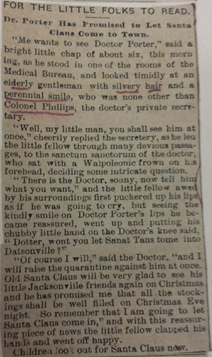 The newspaper clipping of the story of how Dr. Porter promised to let Santa Claus come to town.