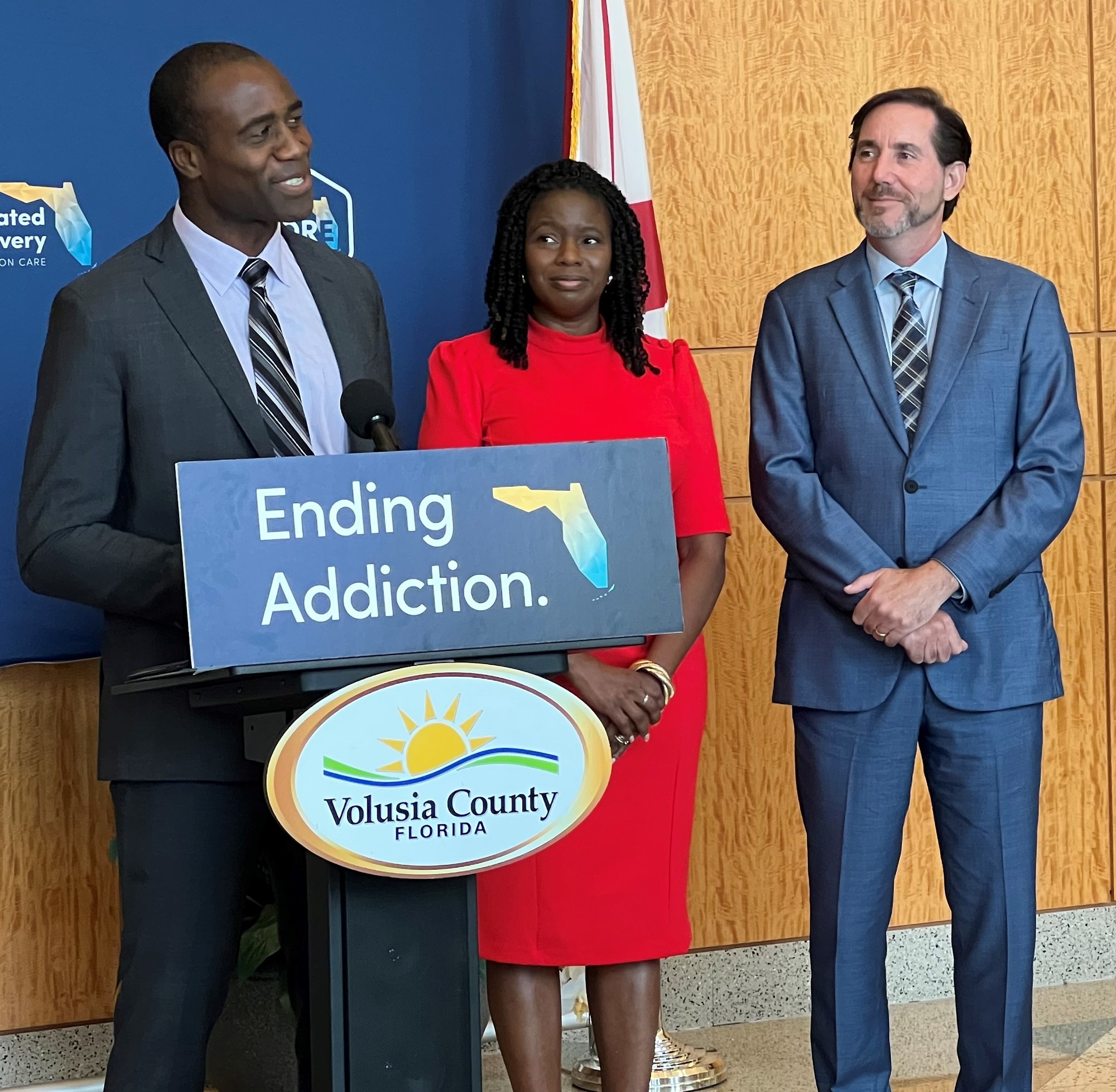 State Surgeon General Doctor Joseph Ladapo addresses the audience in Volusia County.