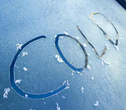"COLD" written on frozen glass