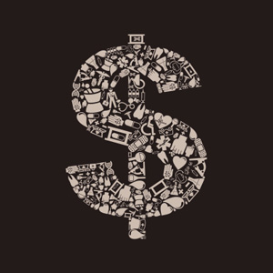 Dollar sign made up of medical icons