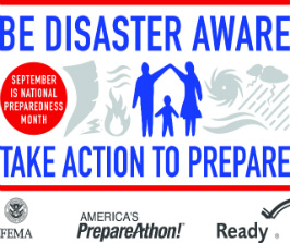 Be Disaster Aware Take Action To Prepare. National Preparedness Month Logo