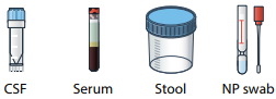 AFM:CSF, Serum, Stool and NP Swab icons.