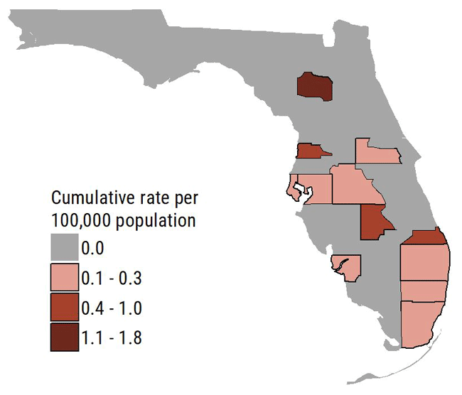 This image contains a summary of mumps cases reported by month in 2020 as compared to the previous 5-year average. February (5 cases) and March (6 cases) were above the previous 5-year-average. September (3 cases) was similar to the previous 5-year-average. January (2 cases), April (1 case), May (1 case), June (0 cases), July (0 cases), August (1 case), October (0 cases), November (0 cases), and December (0 cases) were below the previous 5-year-average.