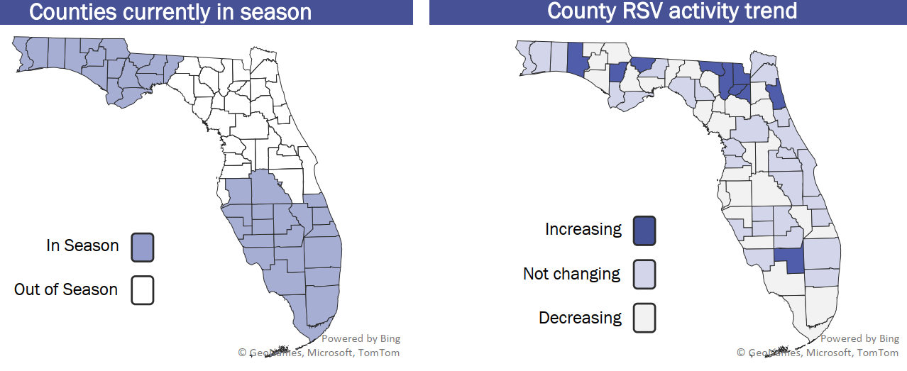 County RSV activity: Increasing: BRADFORD, CALHOUN, GLADES, PUTNAM, WALTON  Decreasing: ALACHUA, BAKER, BAY, BREVARD, CITRUS, CLAY, COLLIER, COLUMBIA, DESOTO, DUVAL, ESCAMBIA, FLAGLER, FRANKLIN, GADSDEN, GILCHRIST, GULF, HAMILTON, HENDRY, HERNANDO, HIGHLANDS, HILLSBOROUGH, HOLMES, INDIAN RIVER, JACKSON, JEFFERSON, LAFAYETTE, LEE, LEON, LEVY, LIBERTY, MADISON, MANATEE, MARION, MONROE, NASSAU, OKALOOSA, OKEECHOBEE, ORANGE, PALM BEACH, PASCO, PINELLAS, POLK, SARASOTA, SEMINOLE, ST LUCIE, SUMTER, SUWANNEE, UNION, VOLUSIA, WAKULLA, WASHINGTON  No change: BROWARD, CHARLOTTE, DIXIE, HARDEE, LAKE, MARTIN, MIAMI-DADE, OSCEOLA, SANTA ROSA, ST JOHNS, TAYLOR