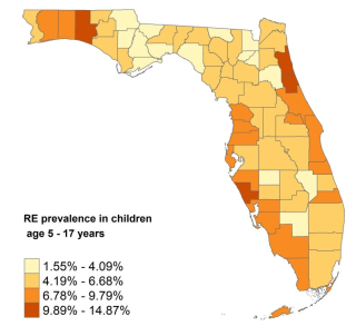 A map showing the proportion of children ages 4–18 years with religious exemptions by county as of February  29, 2024.   Counties with a proportion of 1.1%–3.0% are:   Gadsden Hardee Liberty Hendry Jackson Calhoun Hamilton Taylor DeSoto Bradford Glades Franklin Baker Putnam Union Madison Okeechobee  Counties with a proportion of 3.1%–4.7% are:   Dixie Wakulla Lafayette Levy Washington Leon Gilchrist Miami_Dade Jefferson Gulf Holmes Hillsborough Polk Highlands Bay Orange Nassau  Counties with a proportion of 4.8%–6.1% are:   Sumter Clay Lake Escambia Suwannee Duval Indian_River Alachua St_Lucie Marion Palm_Beach Columbia Broward Citrus Pasco Osceola Volusia  Counties with a proportion of 6.2%–12.5% are:  Manatee Seminole Lee Brevard Santa_Rosa Hernando Pinellas Charlotte Collier Martin Monroe Okaloosa St_Johns Flagler Walton Sarasota