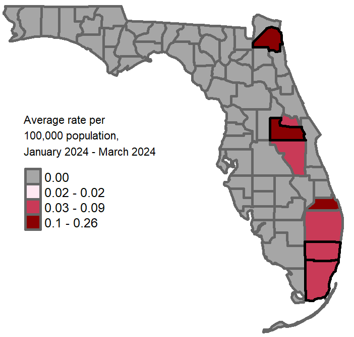 A map showing the previous 3-month average hepatitis A rates per 100,000 population. Counties with one or more cases reported in February are: Broward Miami-Dade Duval Escambia Flagler Hillsborough Sarasota  Counties with a rate of 0.02-0.05 per 100,000 population are: Broward Miami-Dade Orange Duval  Counties with a rate of 0.06-0.2 per 100,000 population are: Brevard Escambia Hillsborough  Counties with a rate of 0.21-0.37 per 100,000 population are:  Indian River Flagler Sarasota