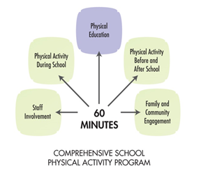 The five components of the CSPAP: staff involvement, physical activity before school, physical education, physical activity during and after school, family and community engagement equaling 60 minutes. 