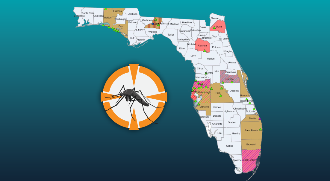 Map of Florida showing counties with mosquito activity, indicated by colors and green triangles, next to a large mosquito icon.