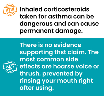 Myth: Inhaled corticosteroids taken for asthma can be dangerous and can cause permanent damage.
Fact: There is no evidence supporting that claim. The most common side effects are hoarse voice or thrush, prevented by rinsing your mouth right after using.