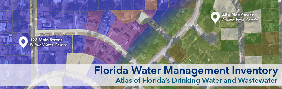 Map with text that reads Florida Water Management Inventory Atlas of Florida's Drinking Water and Wastewater